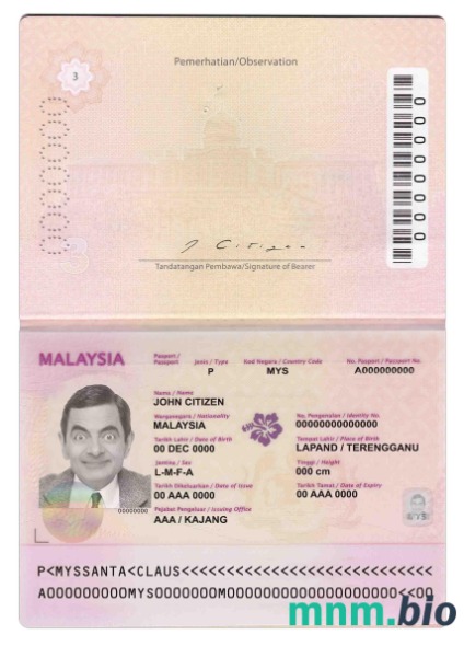 Paszport Malezji (2010-2017) przykład w formacie PSD